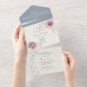 Floral Blush Pink and Dusty Blue Wedding All In One Invitation