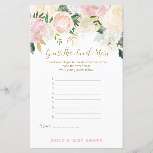 Floral Blush Pink and Gold Baby Shower Game PRINT (Front)