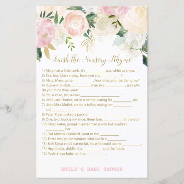 Floral Blush Pink and Gold Baby Shower Game PRINT (Front)