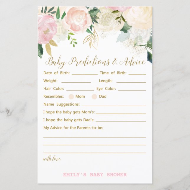 Floral Blush Pink and Gold Baby Shower Game PRINT (Front)