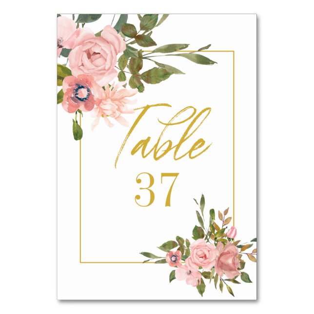 Floral Blush Pink and Gold Wedding Table Number (Front)