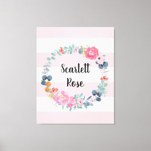 Floral Blush Pink Baby Girl Personalised Nursery Canvas Print
