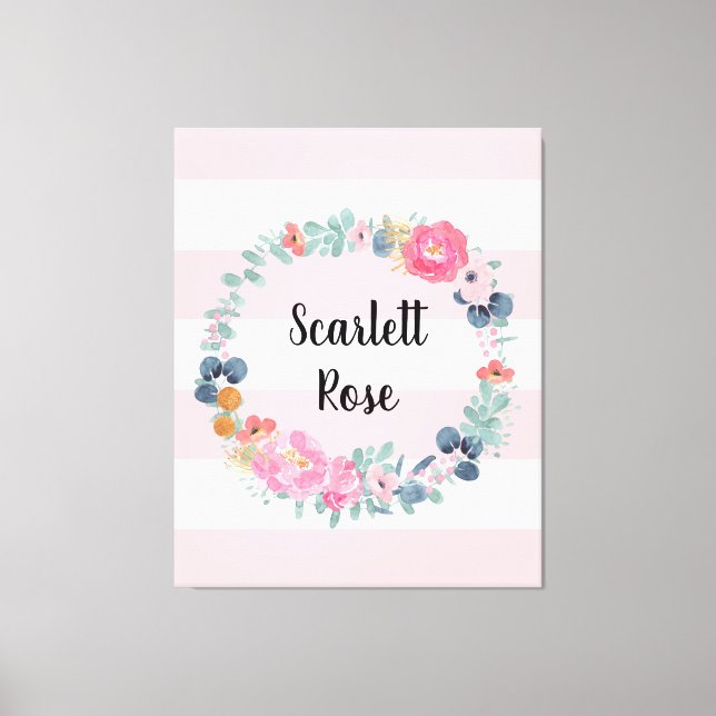 Floral Blush Pink Baby Girl Personalised Nursery Canvas Print (Front)
