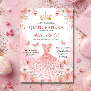 Floral Blush Pink Bilingual Spanish Quinceanera Invitation