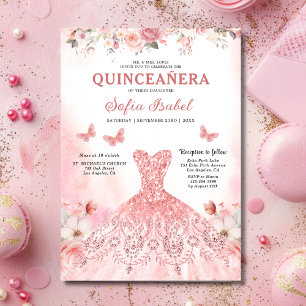 Floral Blush Pink Bilingual Spanish Quinceanera Invitation