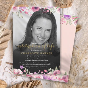 Floral Blush Pink Black and White Photo Funeral Invitation