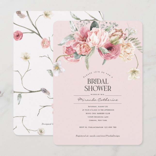 floral blush pink boho chic floral bridal shower invitation (Front/Back)