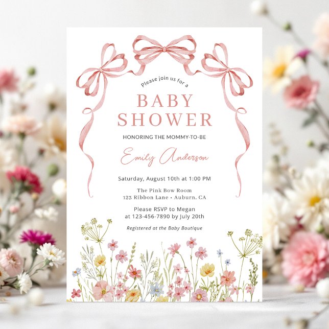 Floral Blush Pink Bow Girl Wildflower Baby Shower Invitation (Creator Uploaded)