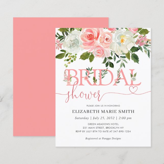 Floral Blush Pink Budget Bridal Shower Invitation (Front/Back)