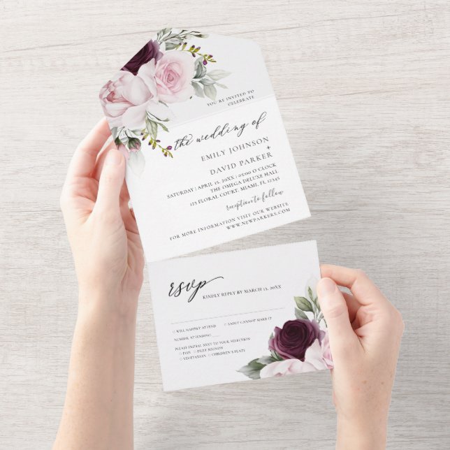 Floral Blush Pink | Burgundy Roses Wedding All In One Invitation (Tearaway)