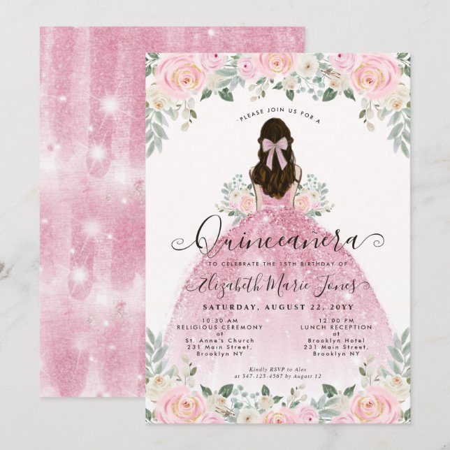 Floral Blush Pink Dress 15th Birthday Quinceanera Invitation (Front/Back)