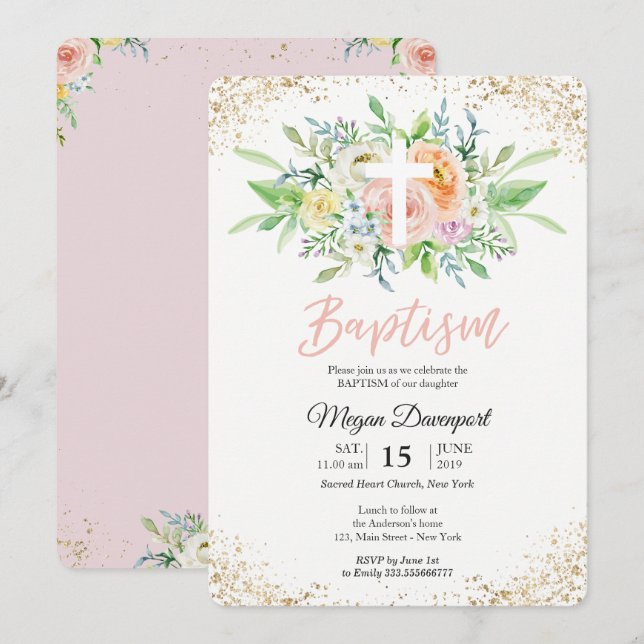 Floral blush pink elegant Baptism Invitation (Front/Back)
