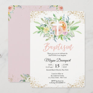 Floral blush pink elegant Baptism Invitation