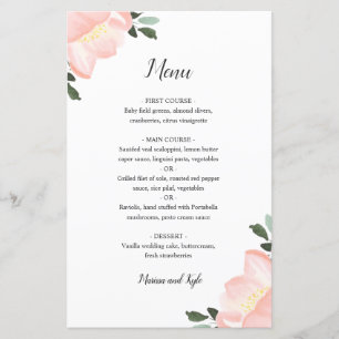 Floral Blush Pink Elegant Wedding Menu