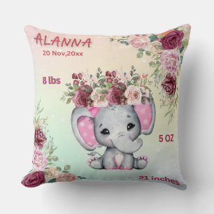 Floral Blush Pink Elephant Baby Birth Stats Cushion