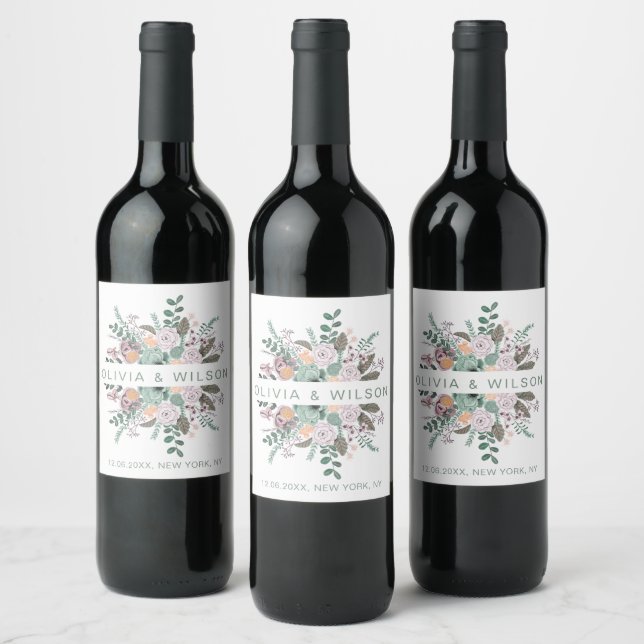 Floral blush pink eucalyptus greenery wedding wine label (Bottles)