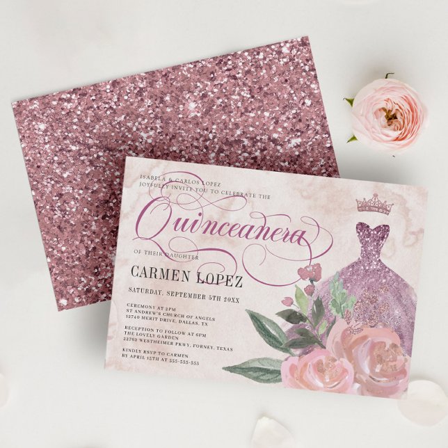 Floral Blush Pink Glitter Princess Quinceanera Invitation (Creator Uploaded)