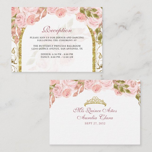 Floral Blush Pink Gold Arch Quinceañera Enclosure Card (Front/Back)