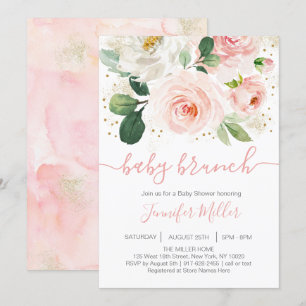 Floral Blush Pink & Gold Baby Shower Brunch Invitation