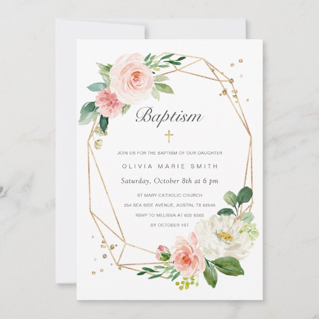 Floral Blush Pink Gold Baptism Invitation for Girl (Front)