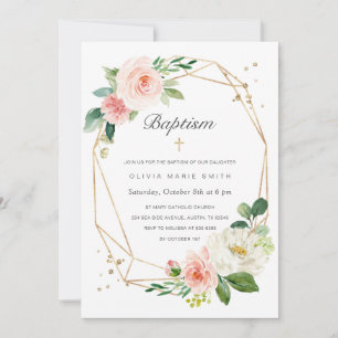 Floral Blush Pink Gold Baptism Invitation for Girl