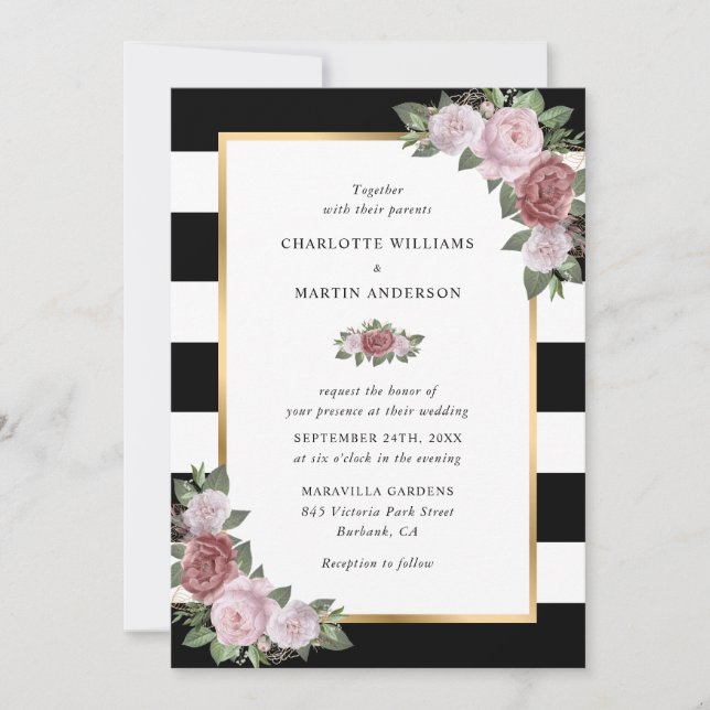Floral Blush Pink Gold Black White Stripes Wedding Invitation (Front)