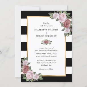Floral Blush Pink Gold Black White Stripes Wedding Invitation