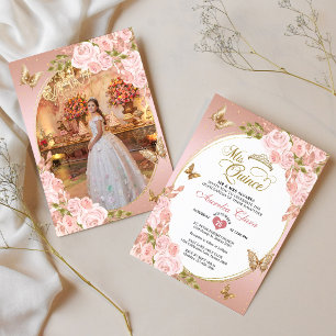 Floral Blush Pink Gold Butterfly Photo Quinceañera Invitation