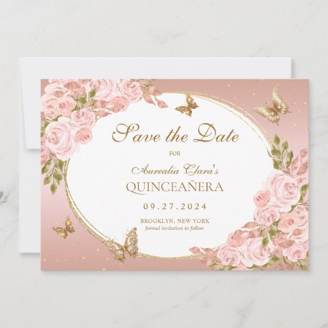 Floral Blush Pink Gold Butterfly Quinceanera Announcement (Front)