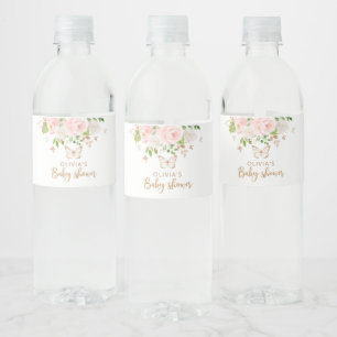 Floral Blush pink, gold butterfly Water Bottle Label