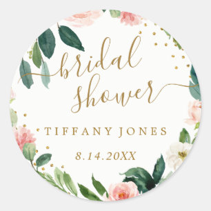Floral Blush Pink Gold Confetti Bridal Shower Classic Round Sticker