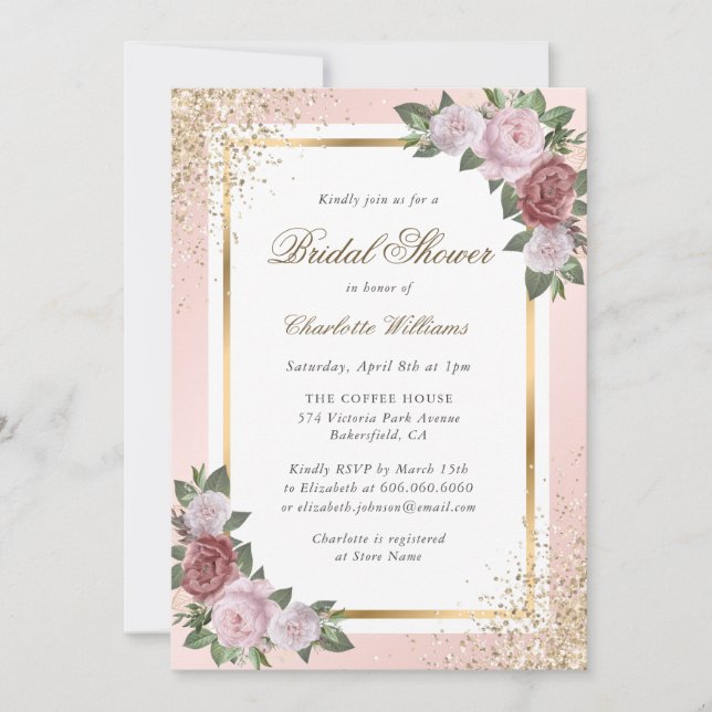 Floral Blush Pink Gold Confetti Bridal Shower Invitation (Front)