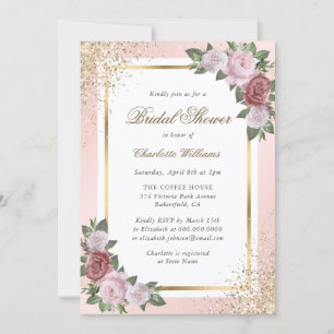 Floral Blush Pink Gold Confetti Bridal Shower Invitation