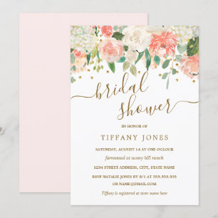 Floral Blush Pink Gold Confetti Bridal Shower Invitation