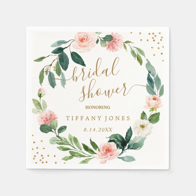 Floral Blush Pink Gold Confetti Bridal Shower Napkin (Front)