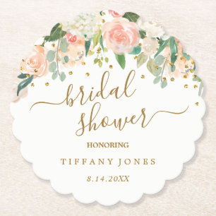 Floral Blush Pink Gold Confetti Bridal Shower Paper Coaster