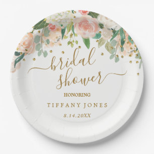 Floral Blush Pink Gold Confetti Bridal Shower Paper Plate