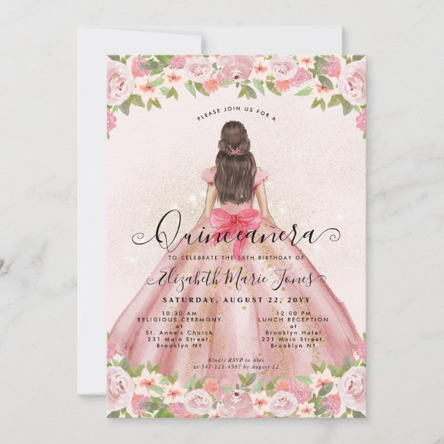 Floral Blush Pink Gold Glam Princess Quinceanera Invitation (Front)