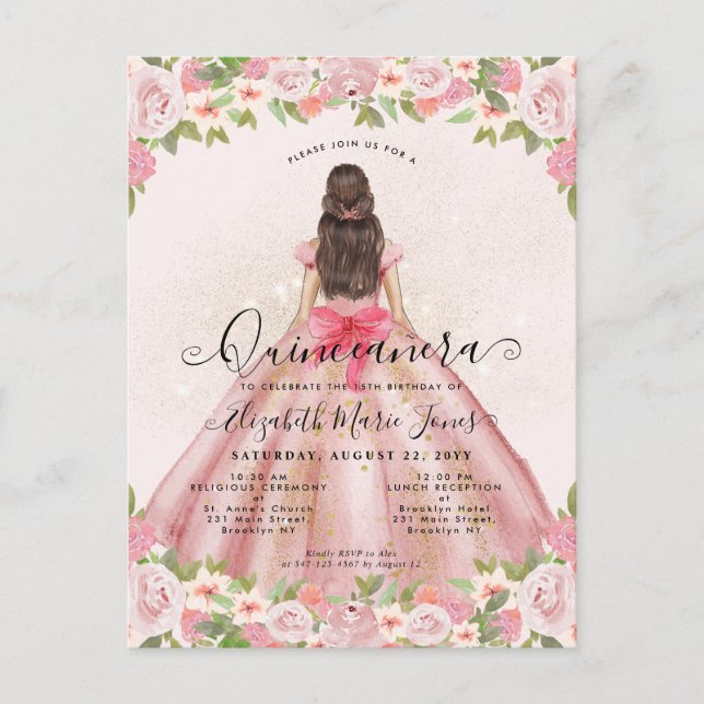 Floral Blush Pink Gold Glam Princess Quinceanera Postcard (Front)