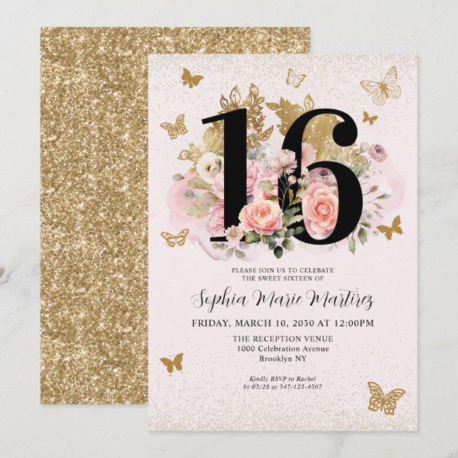 Floral Blush Pink Gold Glitter Butterfly Sweet 16 Invitation (Front/Back)