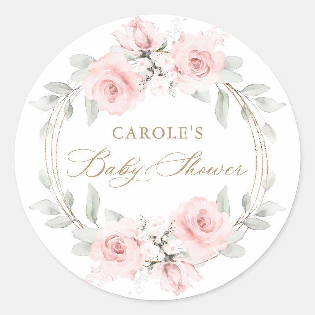 Floral Blush Pink Gold Greenery Baby Shower Classic Round Sticker (Front)