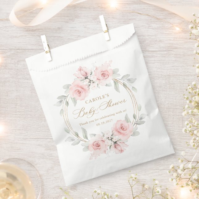 Floral Blush Pink Gold Greenery Baby Shower Favour Bags (Clipped)