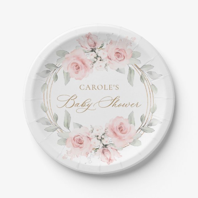 Floral Blush Pink Gold Greenery Baby Shower Paper Plate (Front)