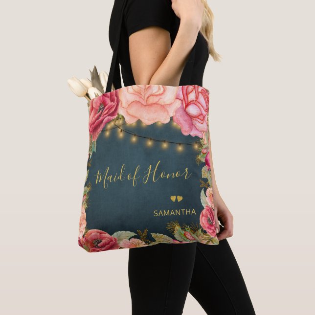 Floral blush pink gold navy maid oh honour tote bag (Close Up)