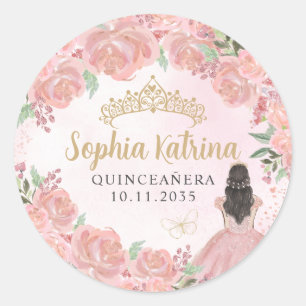 Floral Blush Pink Gold Quinceanera Birthday Favour Classic Round Sticker