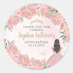 Floral Blush Pink Gold Quinceanera Birthday Favour Classic Round Sticker