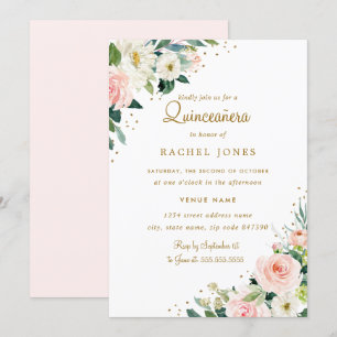 Floral Blush Pink Gold Quinceanera Invitation