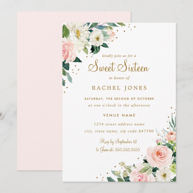 Floral Blush Pink Gold Sweet Sixteen Invitation (Front/Back)