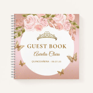 Floral Blush Pink Gold Tiara Butterfly  Guest Book