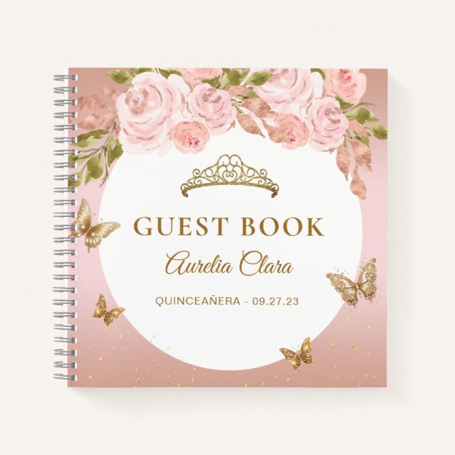 Floral Blush Pink Gold Tiara Butterfly  Guest Book (Front)